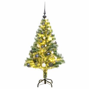 vidaXL Изкуствена коледна елха, 150 LED, топки и флокиран сняг, 120 см