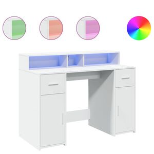 vidaXL Бюро с LED осветление, бяло, 120x55x91 см, инженерно дърво