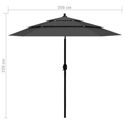 vidaXL Градински чадър на 3 нива с алуминиев прът, антрацит, 2,5 м