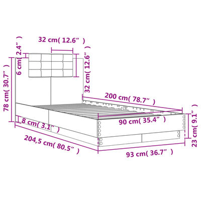 vidaXL Рамка за легло с табла и LED осветление, опушен дъб, 90x200 см