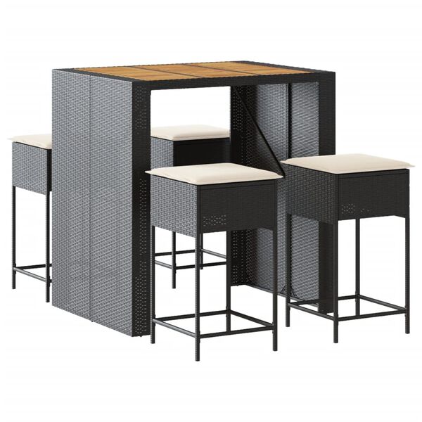 vidaXL Градински бар комплект с възглавници 5 части черен полиратан