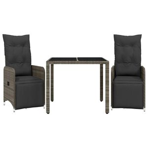 vidaXL Градински бистро комплект с възглавници 3 части сив полиратан