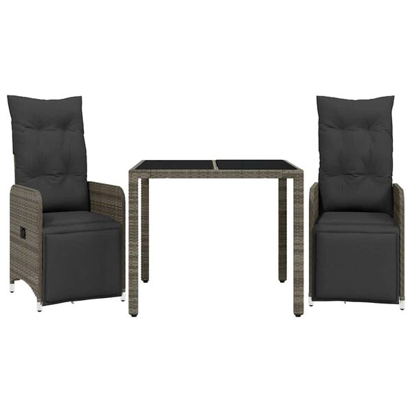 vidaXL Градински бистро комплект с възглавници 3 части сив полиратан