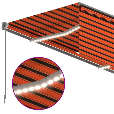 vidaXL Ръчно прибиращ се сенник с щора и LED, 4x3 м, оранжево-кафяв