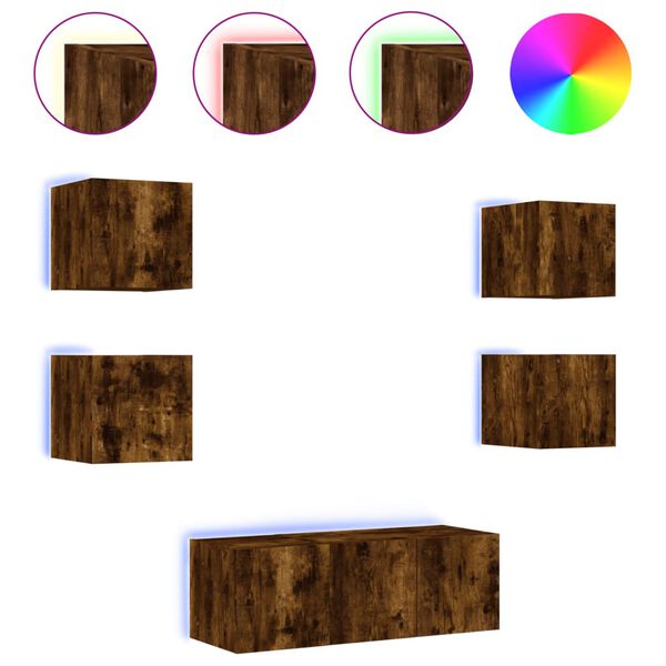 vidaXL ТВ стенни модули с LED, 6 части, опушен дъб, инженерно дърво