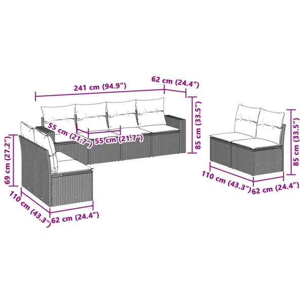 vidaXL Градински комплект с възглавници, 8 части, светлосив полиратан