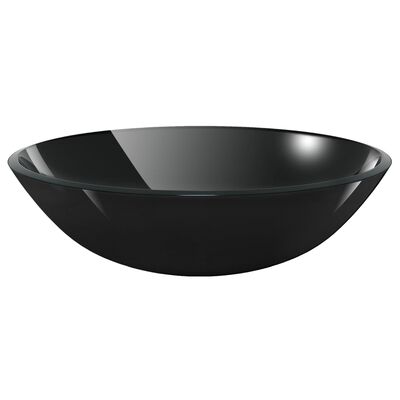 vidaXL Мивка за баня с кран и сифон, черно закалено стъкло
