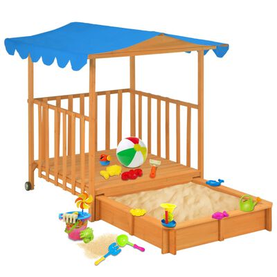 vidaXL Детска къща за игра с пясъчник, чамова дървесина, синя, UV50