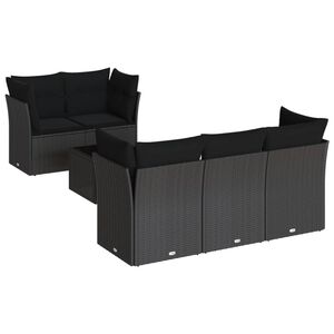 vidaXL Градински диван с възглавници, 6 части, черен, полиратан