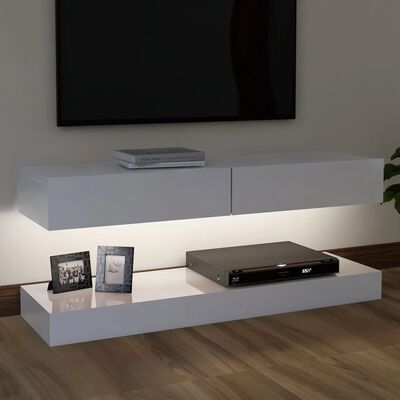 vidaXL ТВ шкаф с LED осветление, бял гланц, 120x35 см