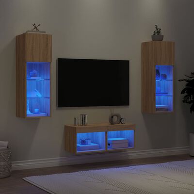 vidaXL ТВ стенни шкафове, 4 части, с LED светлини, сонома дъб