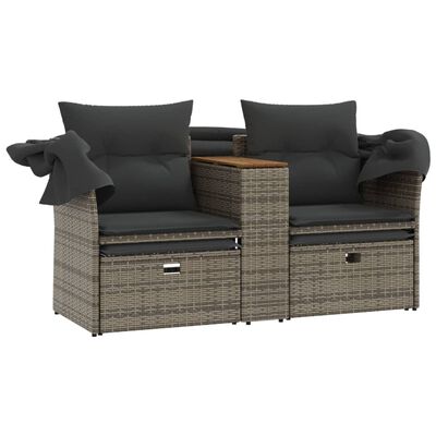 vidaXL 2-местен градински диван със сенник и табуретки сив полиратан