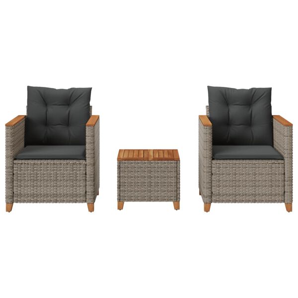 vidaXL Бистро комплект с възглавници 3 части сив полиратан и акация