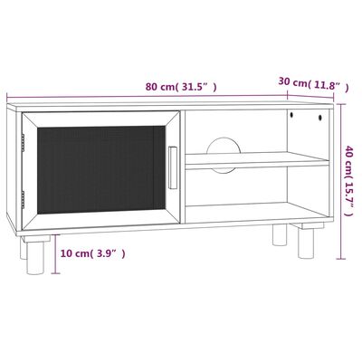 vidaXL ТВ шкаф, черен, 80x30x40 см, бор масив и естествен ратан