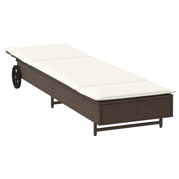 vidaXL Шезлонг с колелца и шалте кафяв полиратан