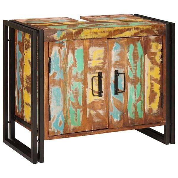 vidaXL Шкаф за мивка за баня Масивна регенерирана дървесина и желязо