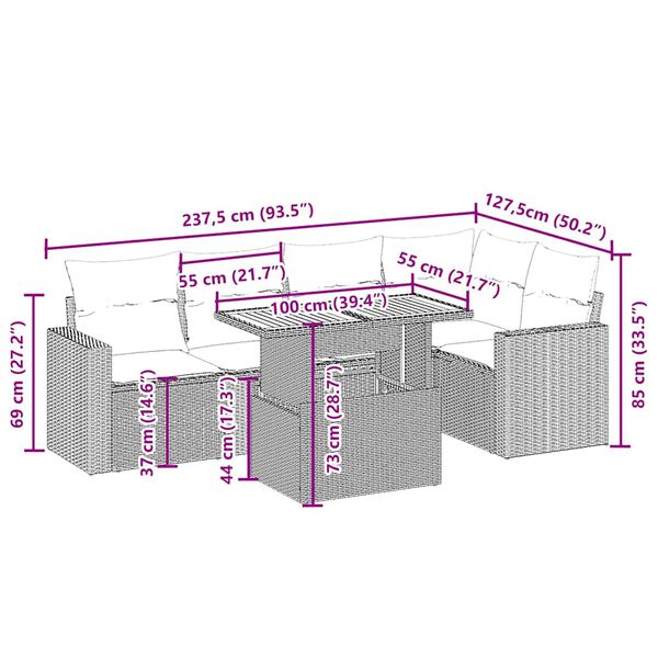 vidaXL Градински диван с възглавници, 6 части, бежов полиратан