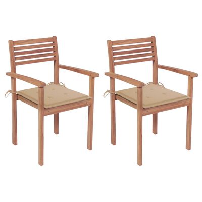 vidaXL Градински столове, 2 бр, бежови възглавници, тиково дърво масив
