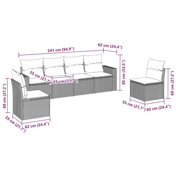 vidaXL Градински комплект с възглавници, 6 части, кафяв, полиратан