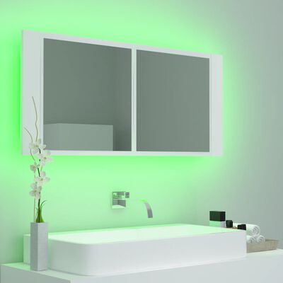 vidaXL Шкаф с LED огледало за баня, бял, 100x12x45 см, акрил