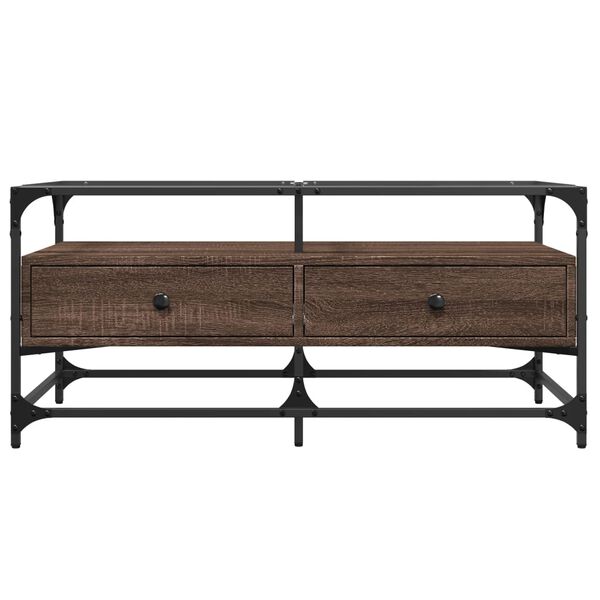 vidaXL Маса за кафе със стъклен плот, кафяв дъб, 98,5x50x45см, стомана