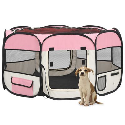 vidaXL Сгъваема кучешка кошара с чанта за носене розова 125x125x61 см