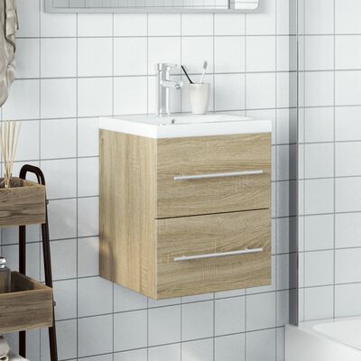 vidaXL Шкаф за мивка за баня с вградена мивка, сонома дъб