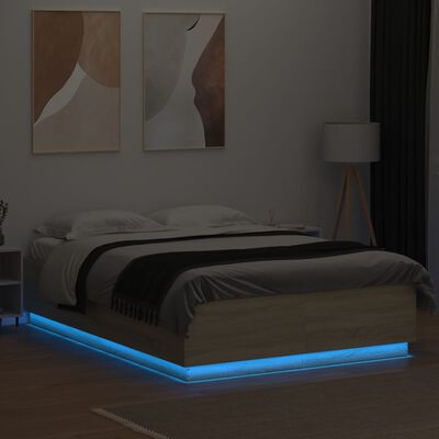 vidaXL Рамка за легло с LED осветление, дъб сонома, 150x200 см