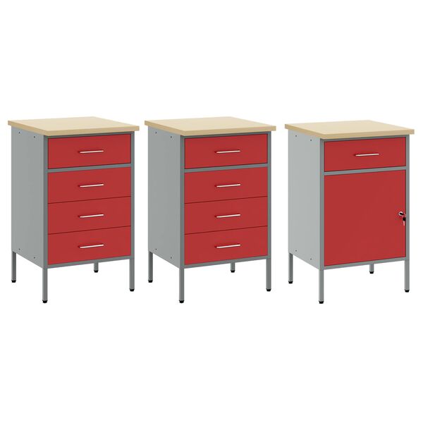 vidaXL Работен кабинет с чекмедже 3 pcs Червен и сив 150 x 55 x 85 см