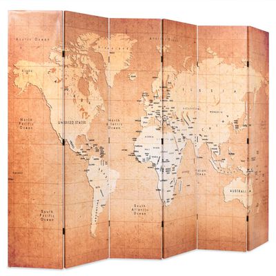 vidaXL Сгъваем параван за стая, 228x170 см, карта на света, жълт