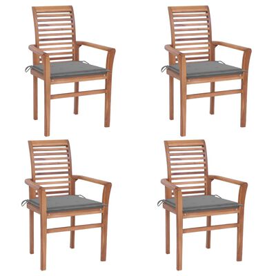 vidaXL Трапезни столове, 4 бр, със сиви възглавници, тик масив