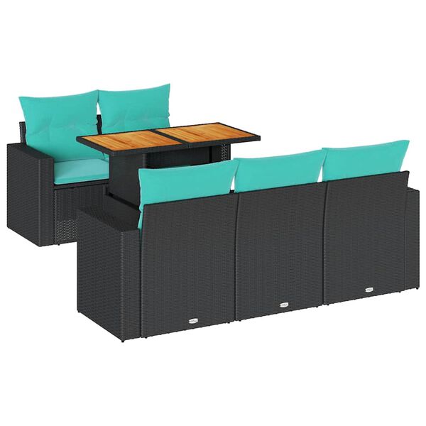 vidaXL Градински диван с възглавници, 6 части, черен, полиратан