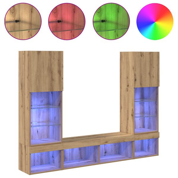 vidaXL ТВ стенни единици с LED с LED 5 pcs Дъб Инженерно дърво