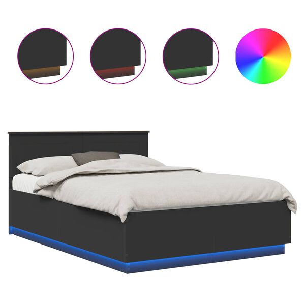 vidaXL Рамка за легло с LED ленти Черно 150 x 200 cm Инженерно дърво