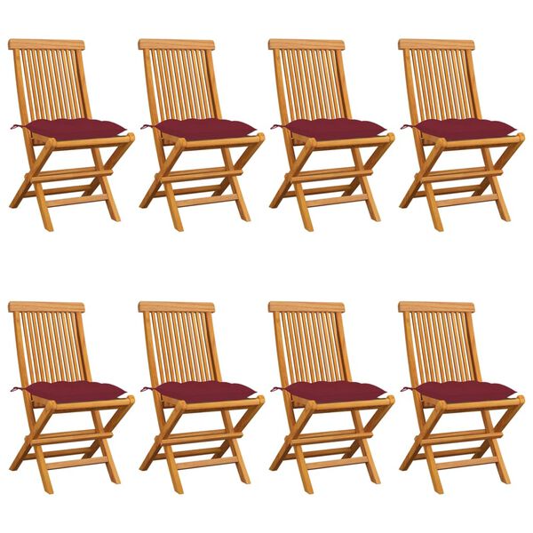 vidaXL Градински столове с виненочервени възглавници 8 бр тик масив