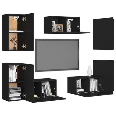 vidaXL Комплект ТВ шкафове от 7 части, черен, ПДЧ