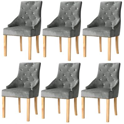 vidaXL Трапезни столове, 6 бр, сребристи, дъб масив и кадифе