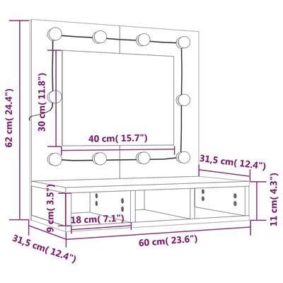 vidaXL Огледален шкаф с LED, бял, 60x31,5x62 см