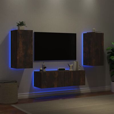 vidaXL ТВ стенни шкафове, 3 части, с LED светлини, опушен дъб