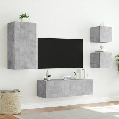vidaXL ТВ стенни шкафове, 4 части, с LED светлини, бетонно сиви