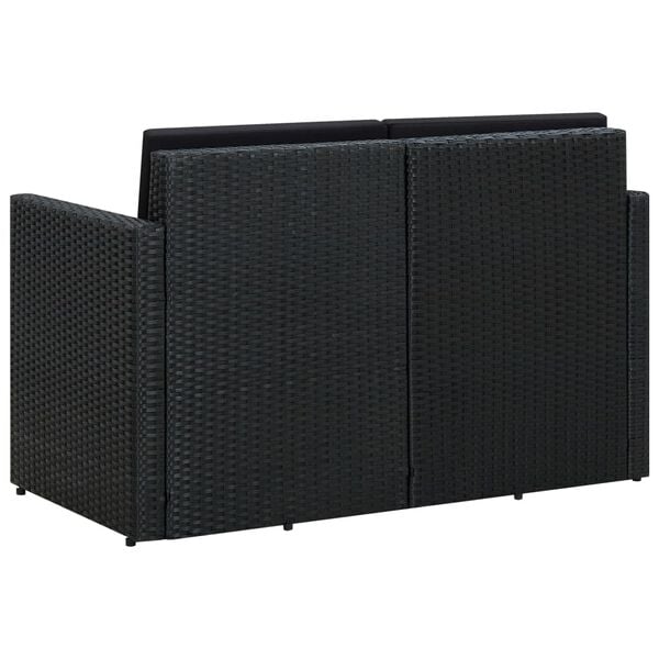 vidaXL 2-местен градински диван с възглавници, черен, полиратан