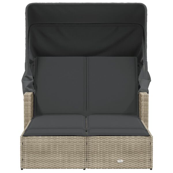 vidaXL Двоен шезлонг със сенник и възглавници светлосив полиратан