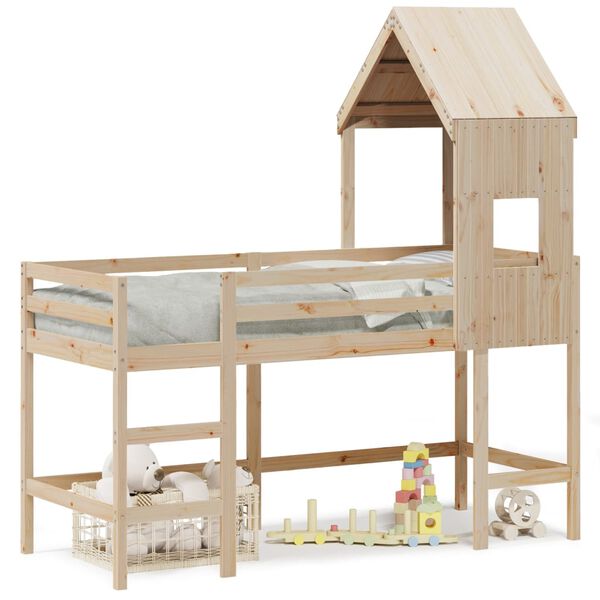 vidaXL Таванско легло със стълба и покрив, 90x200 см, бор масив