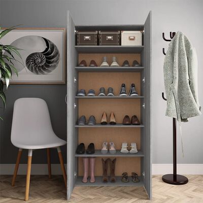 vidaXL Шкаф за обувки, сив сонома, 80x35,5x180 см, инженерно дърво
