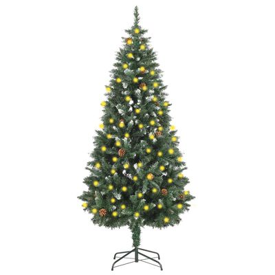 vidaXL Изкуствена предварително осветена коледна елха с шишарки 180 см