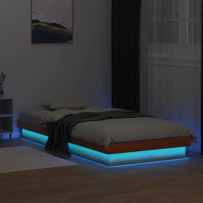 vidaXL LED рамка за легло, восъчнокафяв, 90x200 см, борово дърво масив