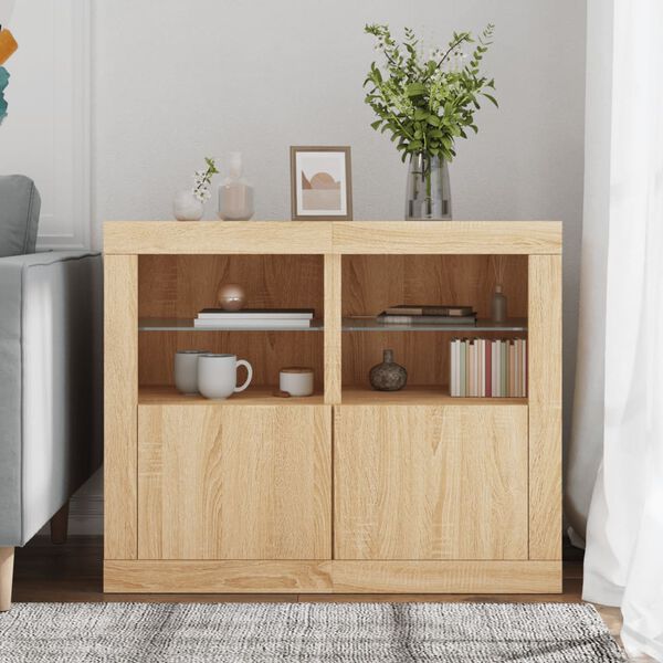 vidaXL Странични шкафчета с LED, 2 бр, сонома дъб, инженерно дърво