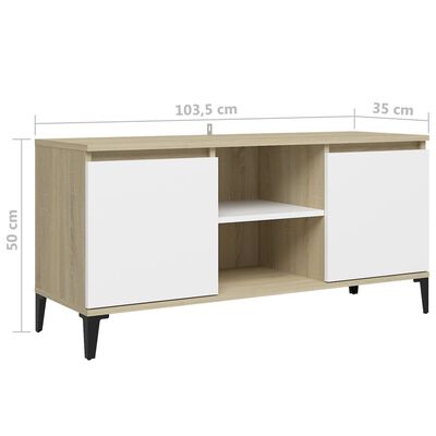 vidaXL ТВ шкаф с метални крака, бяло и сонома дъб, 103,5x35x50 см