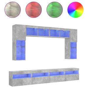 vidaXL ТВ стенни шкафове, 8 части, с LED светлини, бетонно сиви