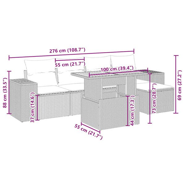 vidaXL Градински диван с възглавници, 6 части, бежов полиратан